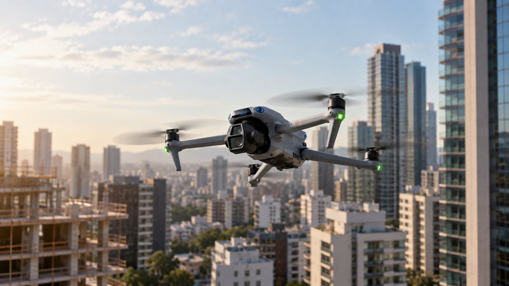 Drone DJI Air 3S em voo sobre uma região urbana com edifícios e uma obra